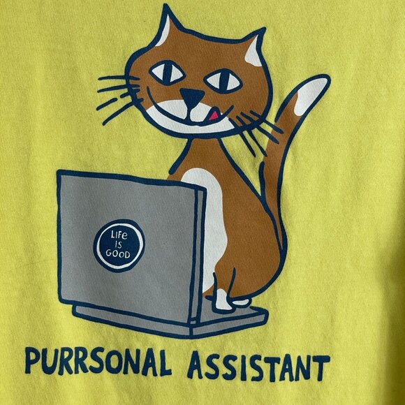 Life Is Good Womens XL Purrrsonal Assistant Cat Tee Shirt Yellow 3/4 Sleeve - Picture 2 of 8